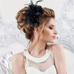 Vintage Bridal Headpiece with Feather Mesh Hairband & Beaded Flower Veil Clip