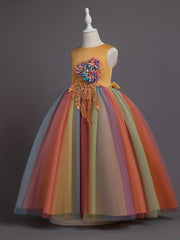 Girls Rainbow Tutu Party Princess Dress Sleeveless 3D Flower Decor Ball Gown