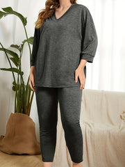 Solid Long Sleeve V Neck Top & Pants Pajamas Set