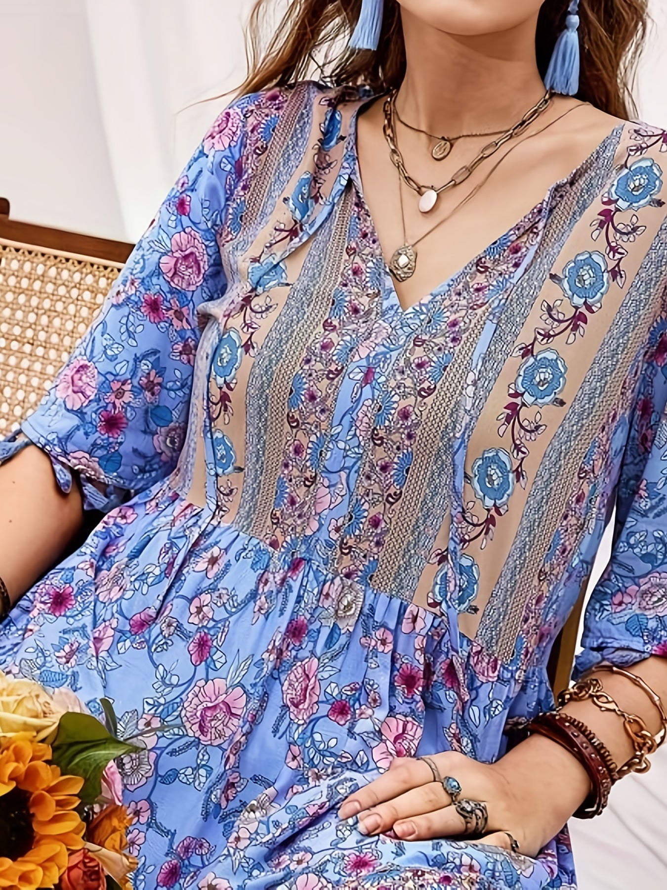 Plus Size Boho Dress Women's Plus Floral Print Short Sleeve