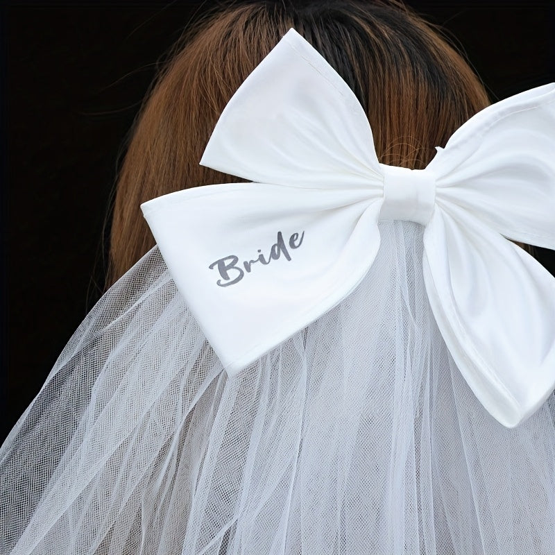 Bridal Veil with Large Bow & Bride Print Polyester Wedding Hair Accessory