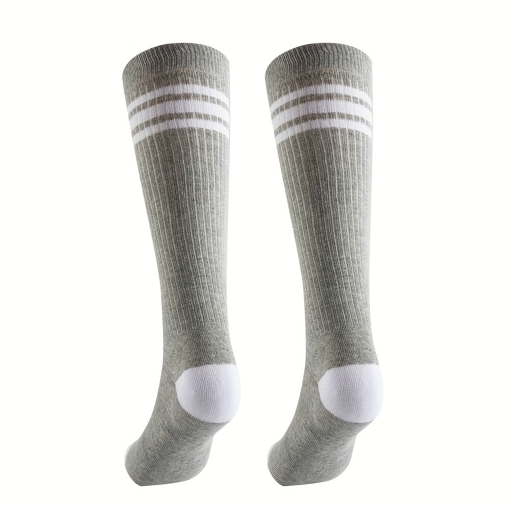 3 Pairs Kids Cotton Knee High Tube Socks Triple Stripes Athletic Socks Boys