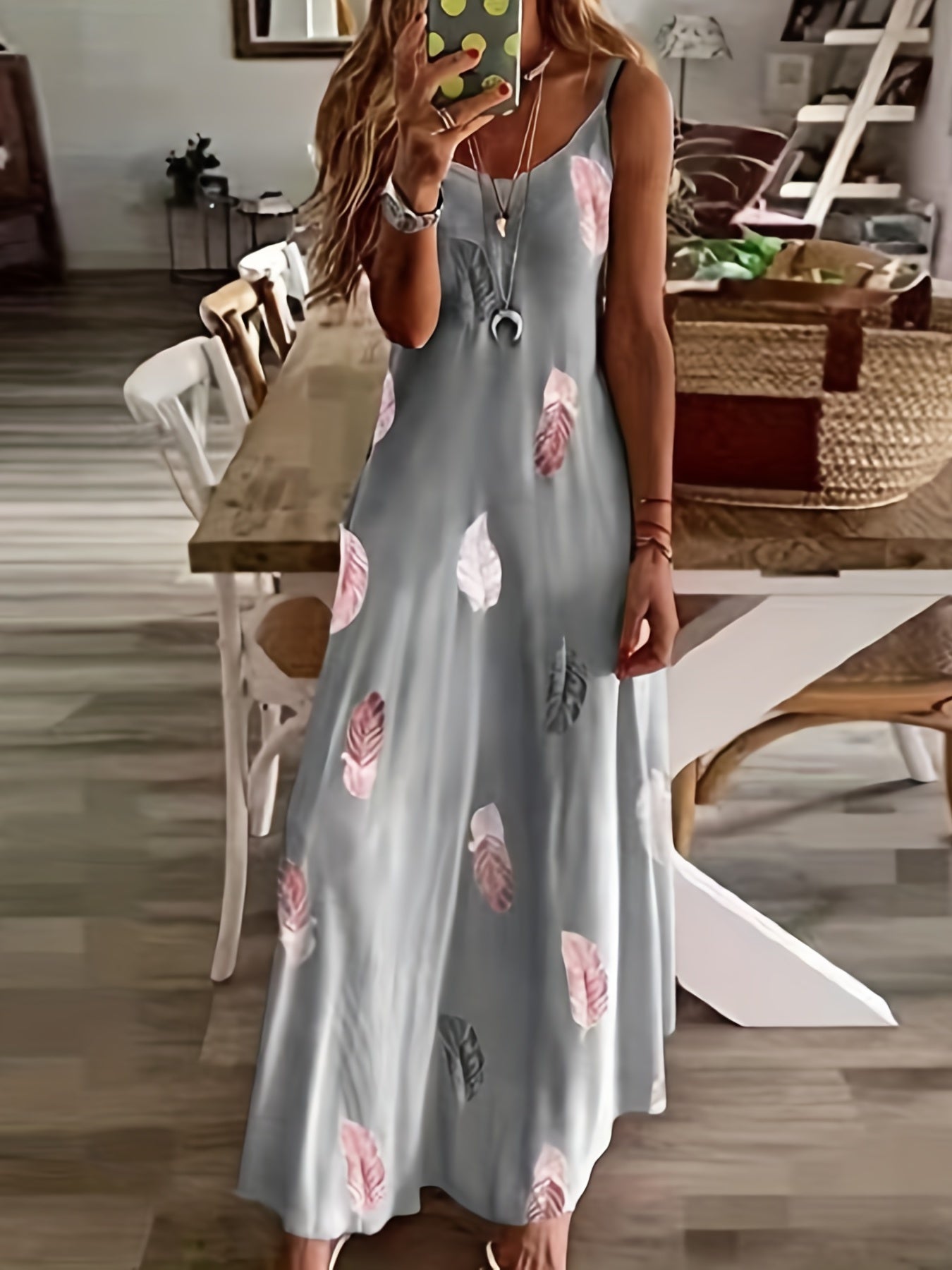 Feather Print Cami Dress V Neck Maxi Dress