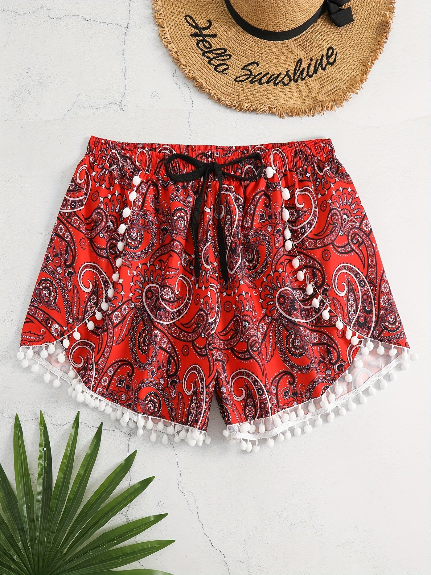 Boho Shorts Women's Plus Paisley Print Pompom Trim Elastic Vacay Short