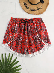 Boho Shorts Women's Plus Paisley Print Pompom Trim Elastic Vacay Short