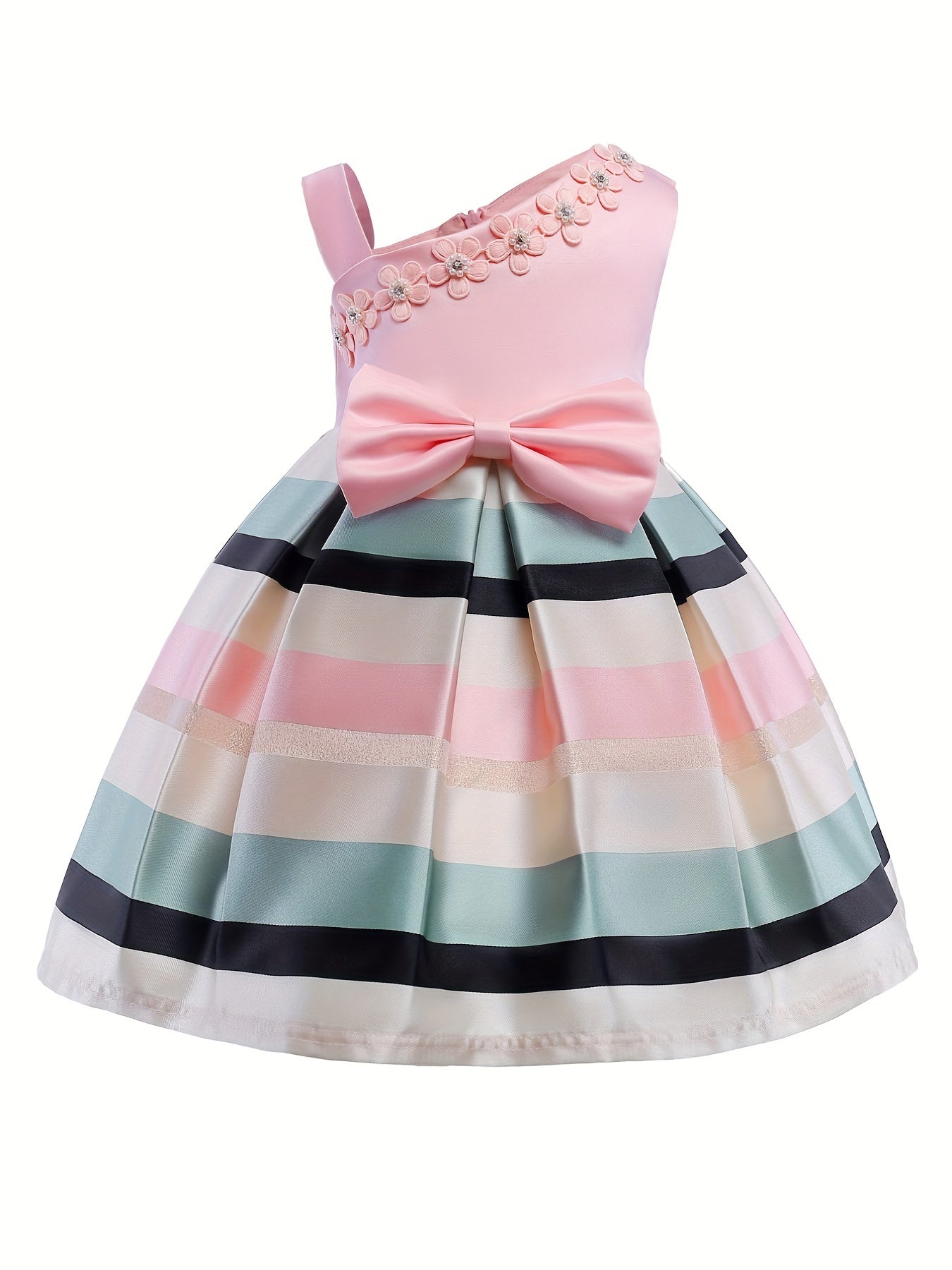 Toddler Girls One Shoulder Flowers Bow Stripe Princess Dress Gown