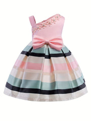 Toddler Girls One Shoulder Flowers Bow Stripe Princess Dress Gown