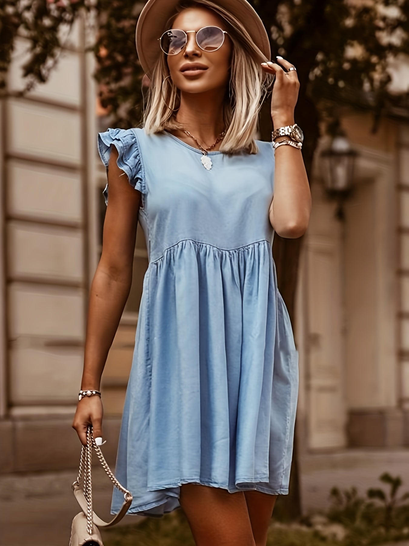 Sky Ruffle Denim Dress Loose Fit Button Closure Casual Women's Clothing