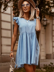 Sky Ruffle Denim Dress Loose Fit Button Closure Casual Women's Clothing