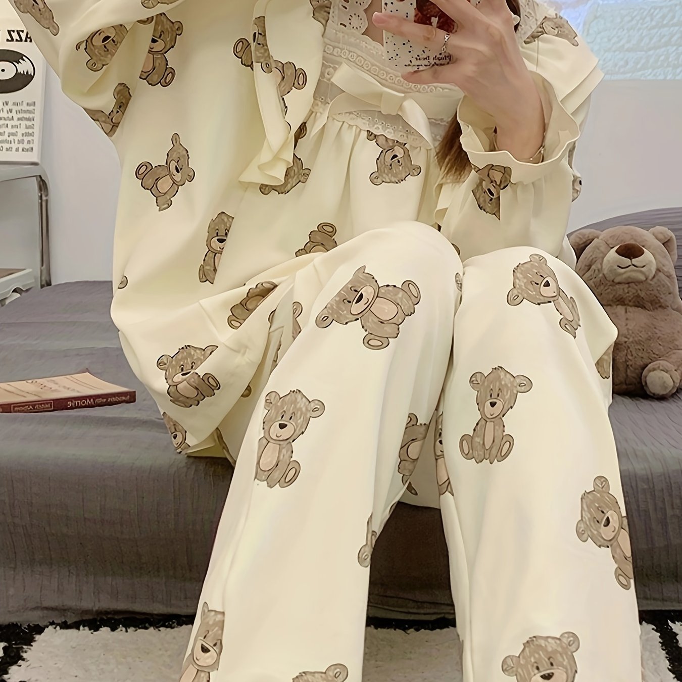 Bear Print Pajama Set Long Sleeve Top & Pants Women's Sleepwear