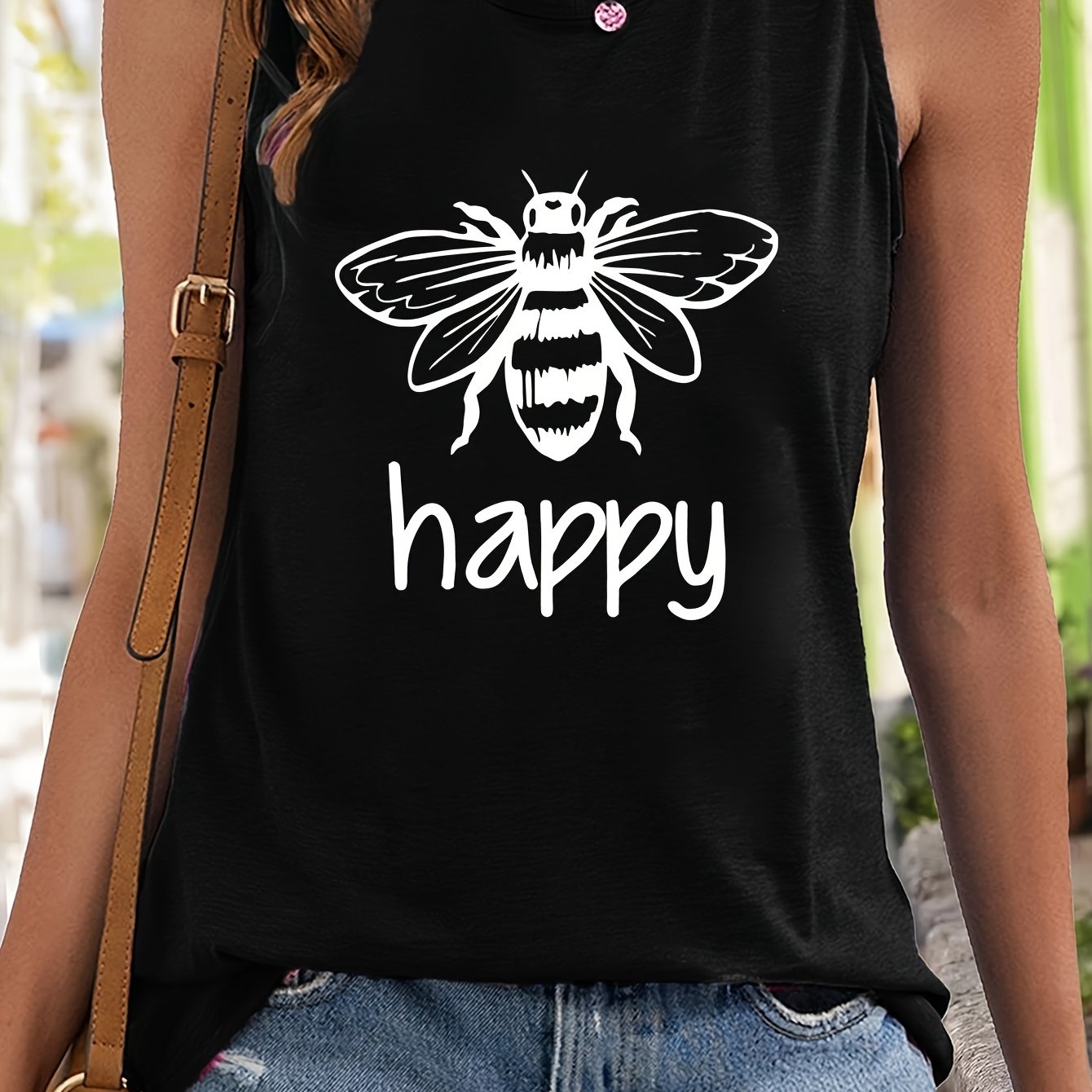 Bee & Letter Print Sleeveless Sports Vest Round Neck Casual Tops