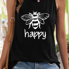 Bee & Letter Print Sleeveless Sports Vest Round Neck Casual Tops