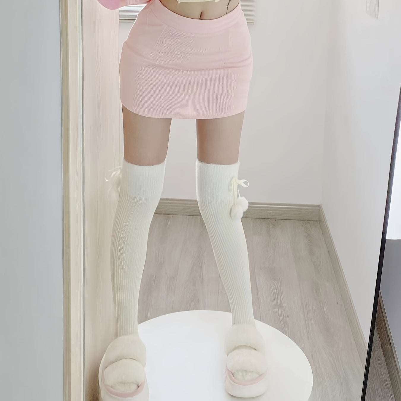 Colorblock Thigh High Pompom Socks Women's Stockings