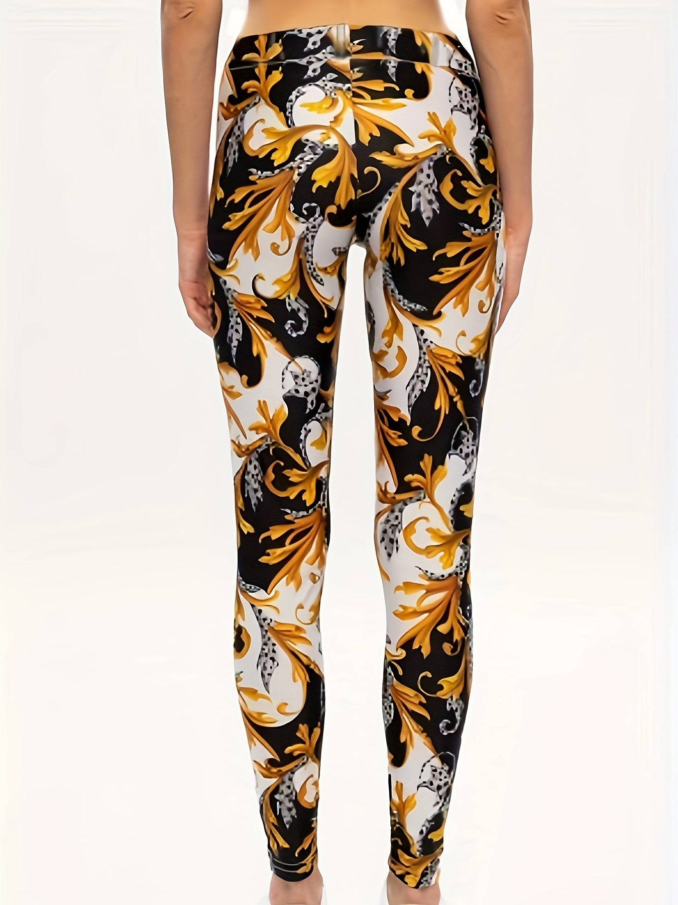 Baroque Print Skinny Leggings for Women, Stretchy Boho Pants