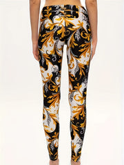 Baroque Print Skinny Leggings for Women, Stretchy Boho Pants