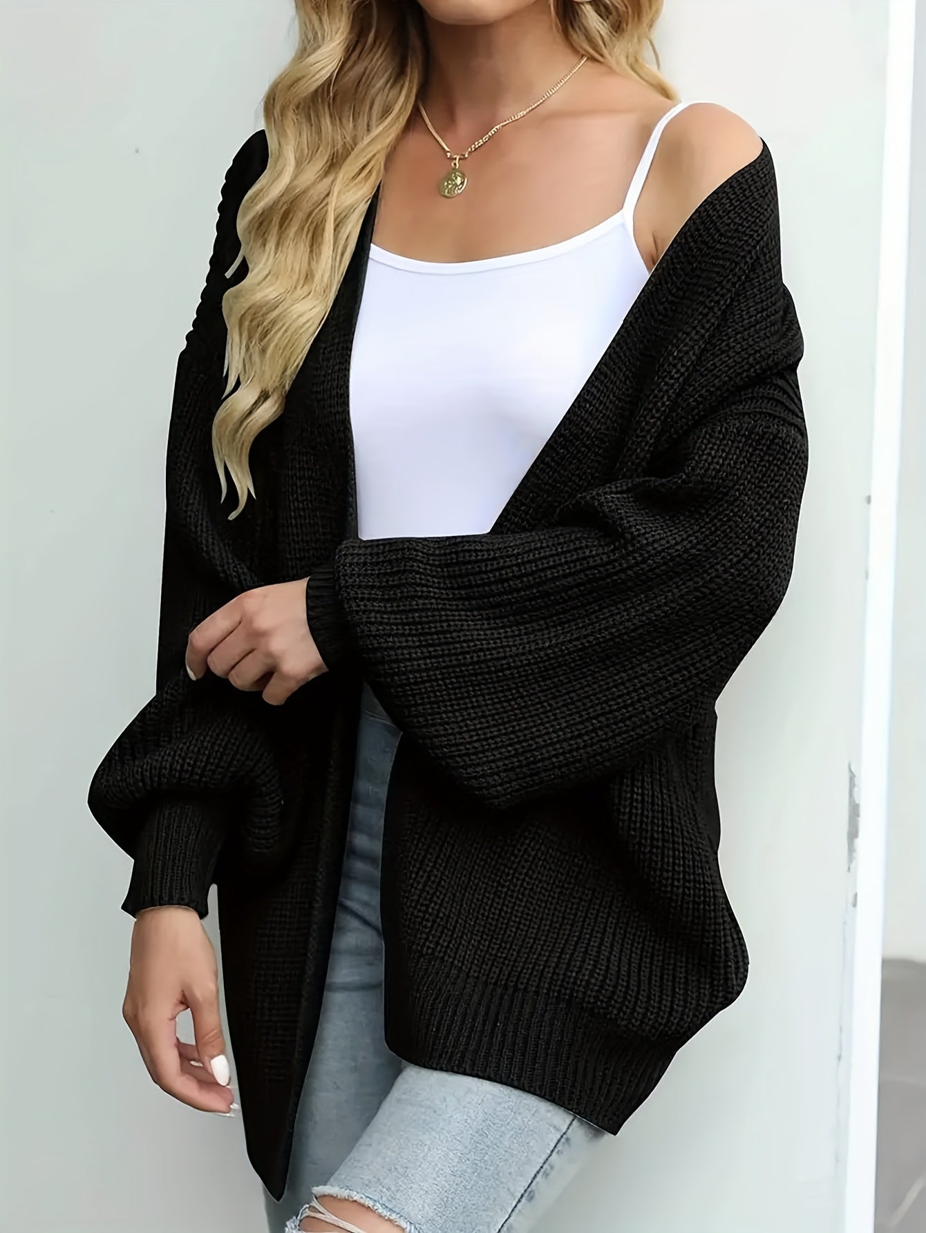 Casual Cardigan Women's Plus Solid Lantern Sleeve Open Front Cardigan