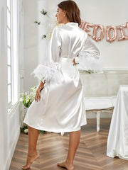 Feather Trim Satin Night Robe Three Quarter Sleeve House Robe