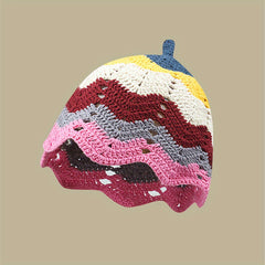 Striped Beanie Y2K Hollow Crochet Cloche Hat Lightweight Knit Skull Cap