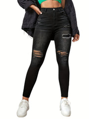 Ripped Skinny Jeans Slash Pockets Distressed High Waist Slim Fit