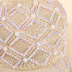 Beige Knit Baseball Cap with Faux Pearl Rhinestone Decor