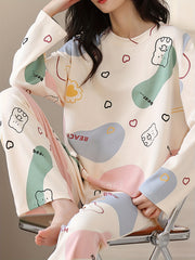 Bear Print Pajama Set Long Sleeve Crew Neck Top & Pants