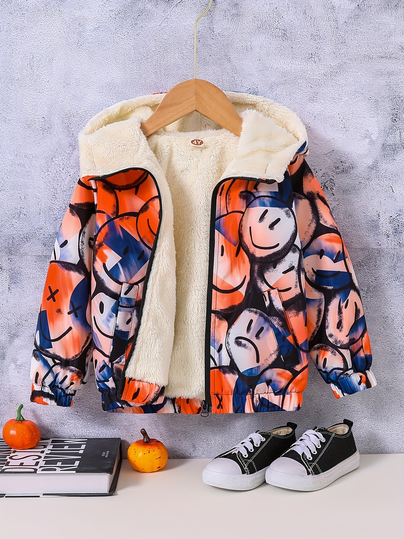 Boy's Tie Dye Happy Face Allover Print Hooded Fleece Jacket Zip Up Coat