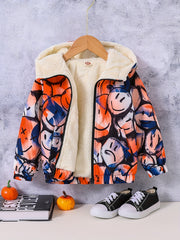 Boy's Tie Dye Happy Face Allover Print Hooded Fleece Jacket Zip Up Coat