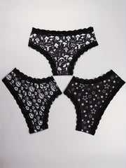 3pcs Mushroom & Star Print Hipster Panties Comfy Lace Trim