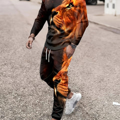 Lion Print Men's Outfit: Sweatshirt & Sports Trousers