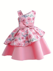 Toddler Girls Ruffle Trim Flowers And Butterfly Graphic Bow Princess Dress