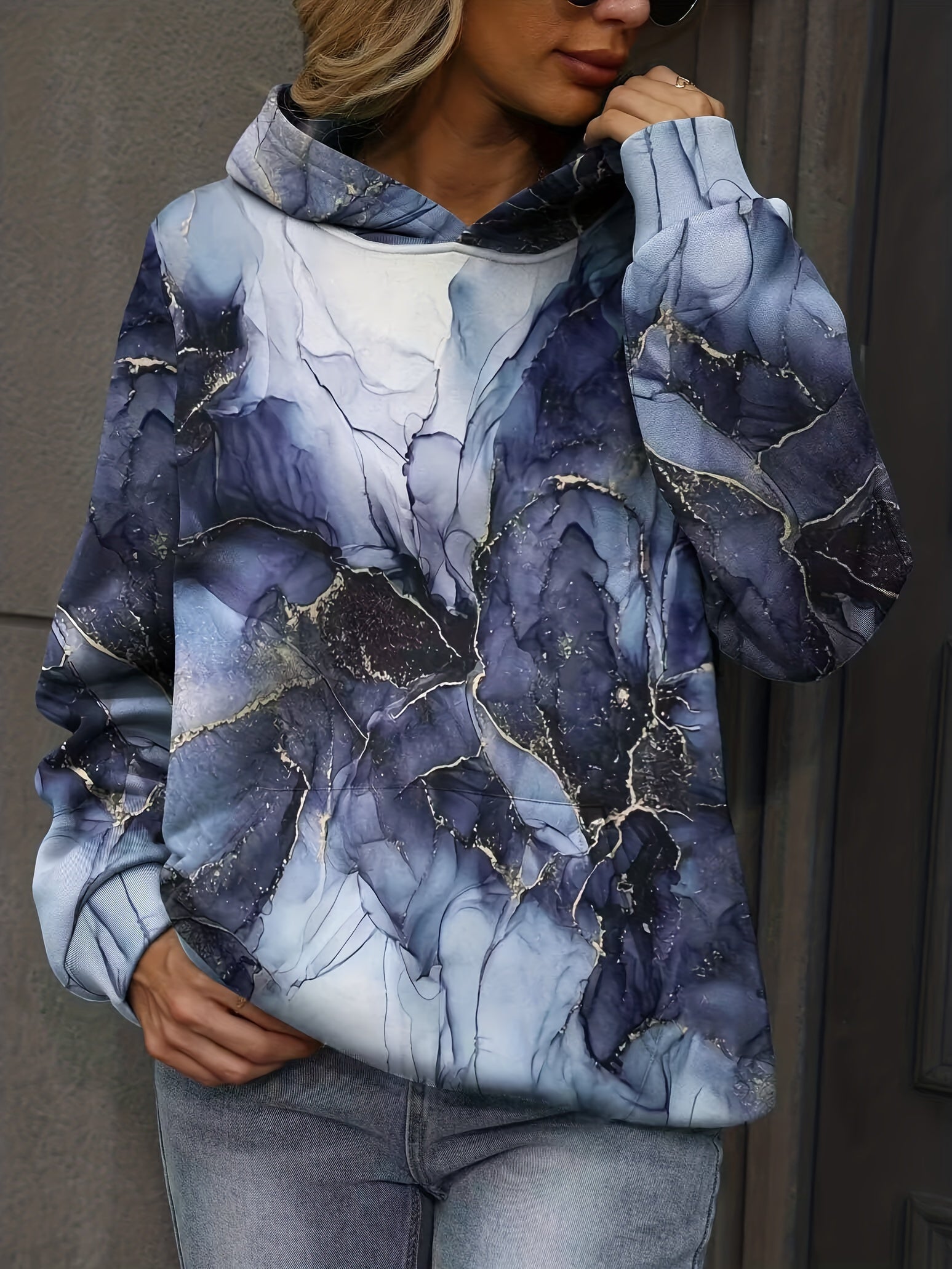Marble Print Kangaroo Pocket Hoodie Long Sleeve Sweatshirt