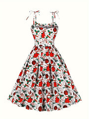 Christmas Dress Women's Plus Allover Print Tie Shoulder Round Neck Kno
