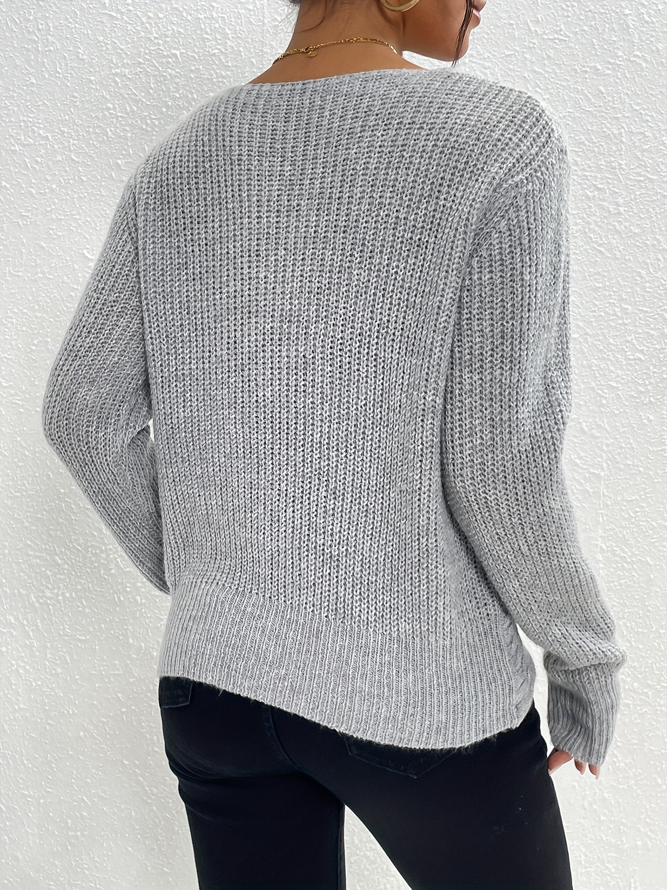 Twist Front V Neck Sweater Long Sleeve Casual Winter Fall Women's Clothing