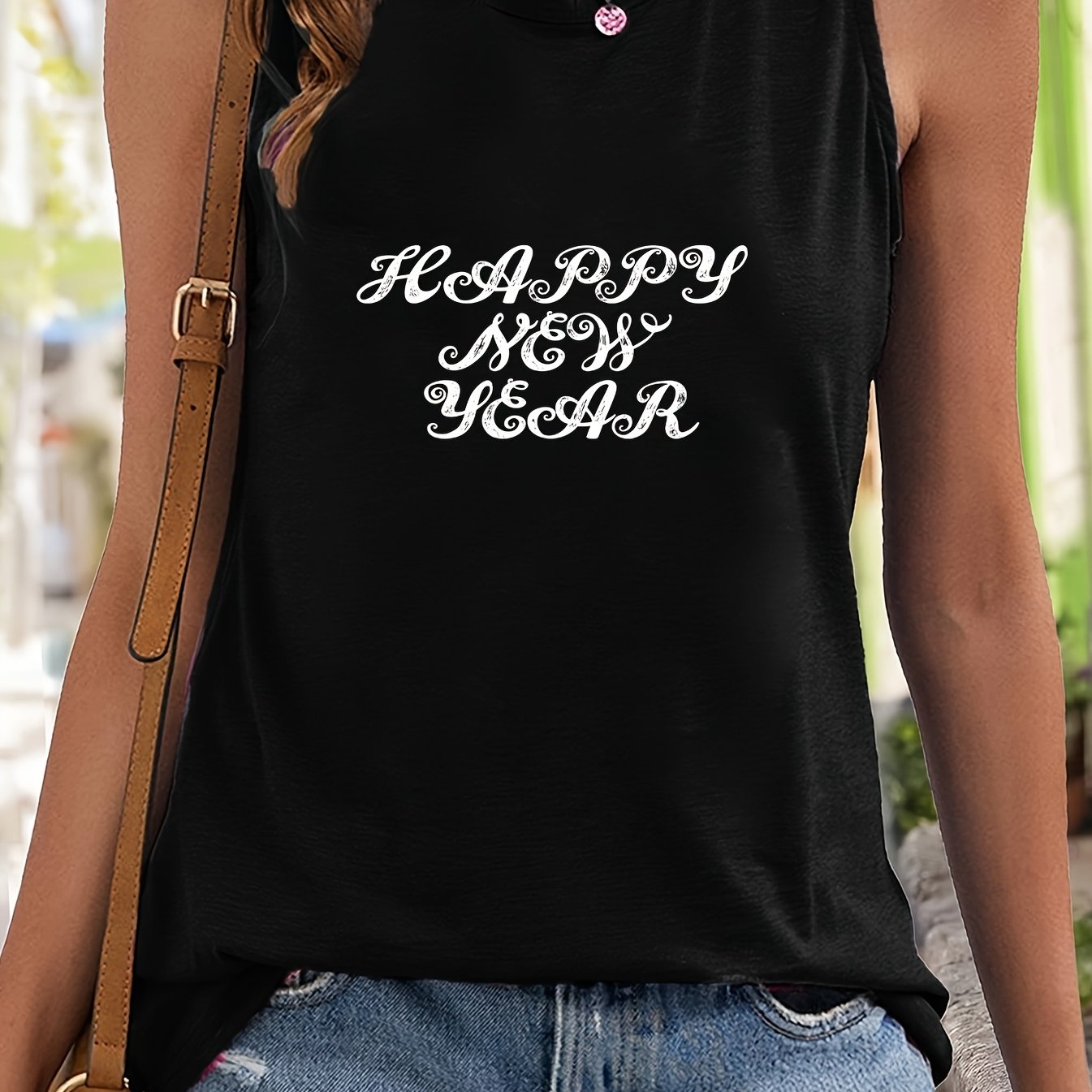 Happy Year Sleeveless Sports Vest Round Neck Casual Top