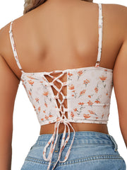 Floral Print Corset Tank Bra Front Buckle Spaghetti Strap Lingerie
