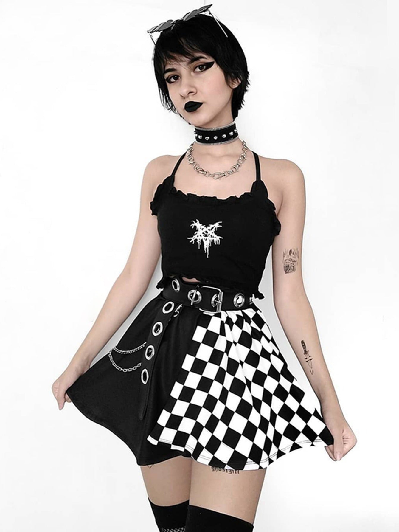 Goth Mini Skirt Half Checkered Print Short Skirt Without Belt