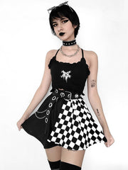 Goth Mini Skirt Half Checkered Print Short Skirt Without Belt