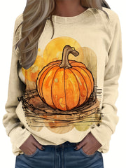 Halloween Pumpkin Printed Sweatshirt Round Neck Casual Pullover