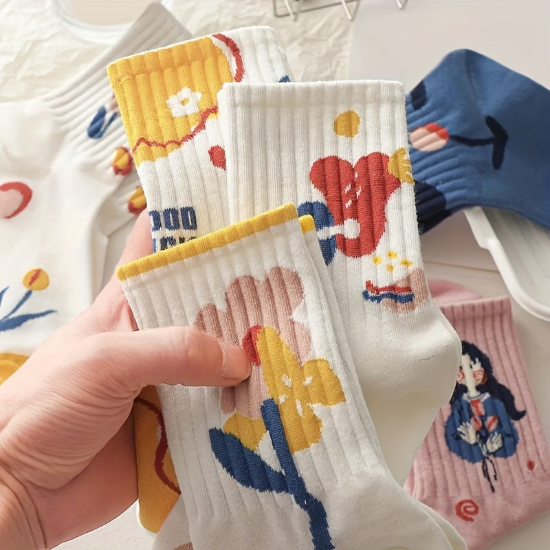 8 Pairs Cartoon Print Mid Tube Socks Women's Stockings