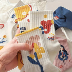 8 Pairs Cartoon Print Mid Tube Socks Women's Stockings
