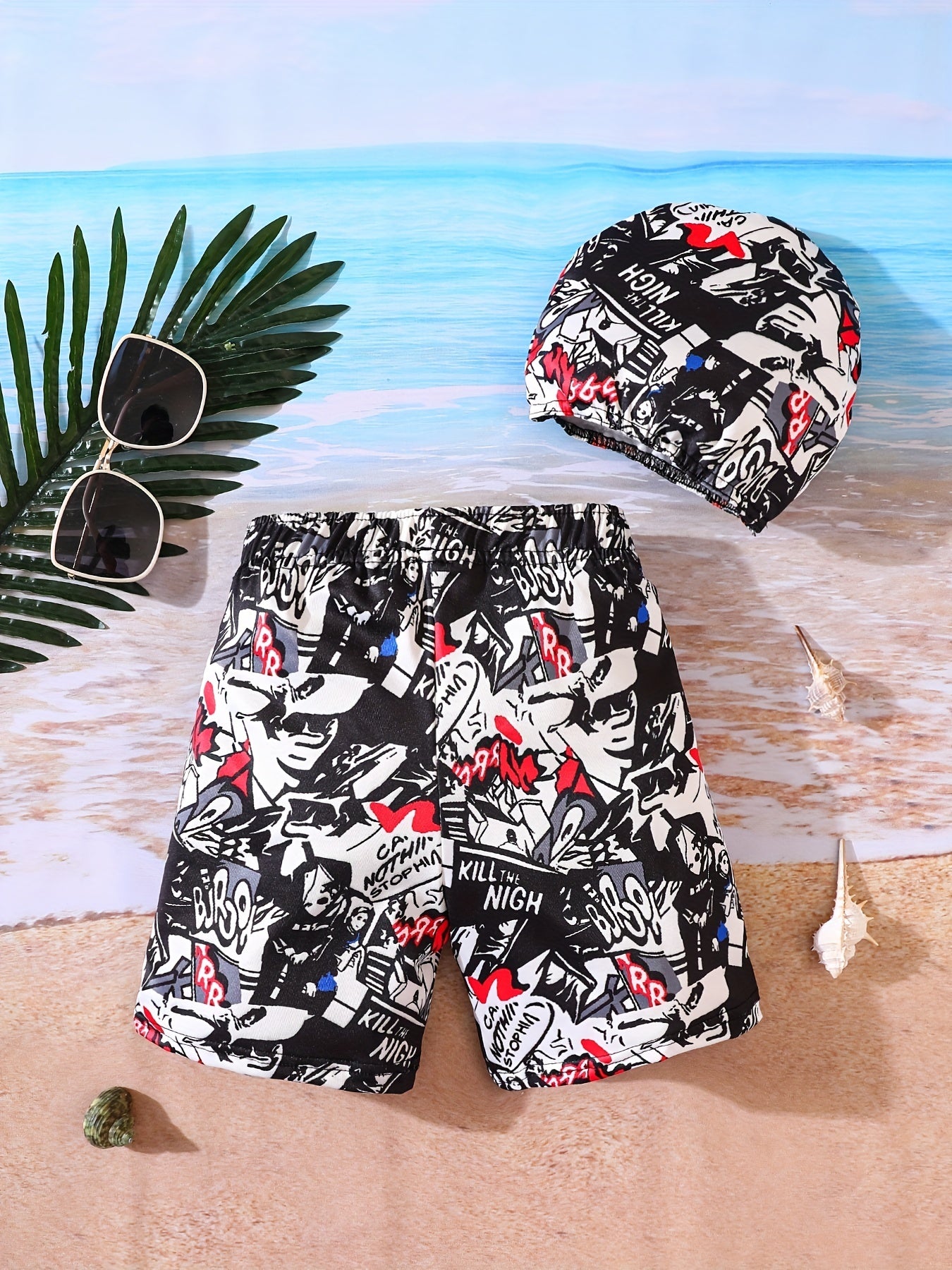 Boys Swim Trunks & Swim Hat Comic Print Elastic Waist Beach Pants