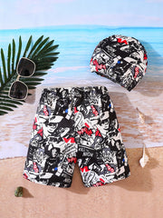 Boys Swim Trunks & Swim Hat Comic Print Elastic Waist Beach Pants
