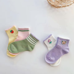 5 Pairs Girls Cartoon Print Ruffled Knit Socks for Spring & Summer