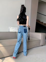 High Waist Wide Leg Jeans Contrast Pockets