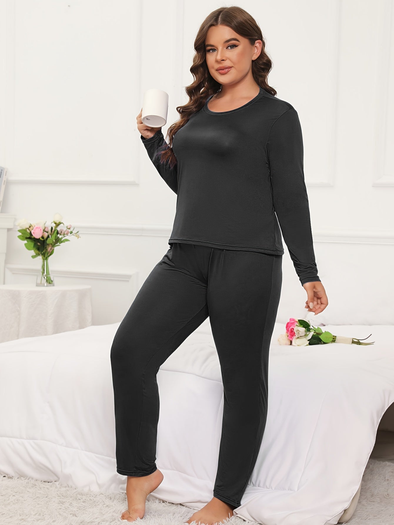 Loungewear Set: Solid Long Sleeve Tee & Leggings 2 Piece Set