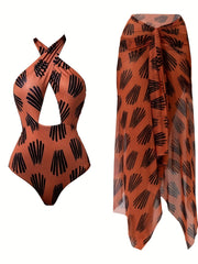 Criss Cross Hollow Out One Piece Swimsuit With Sarong Cover Up