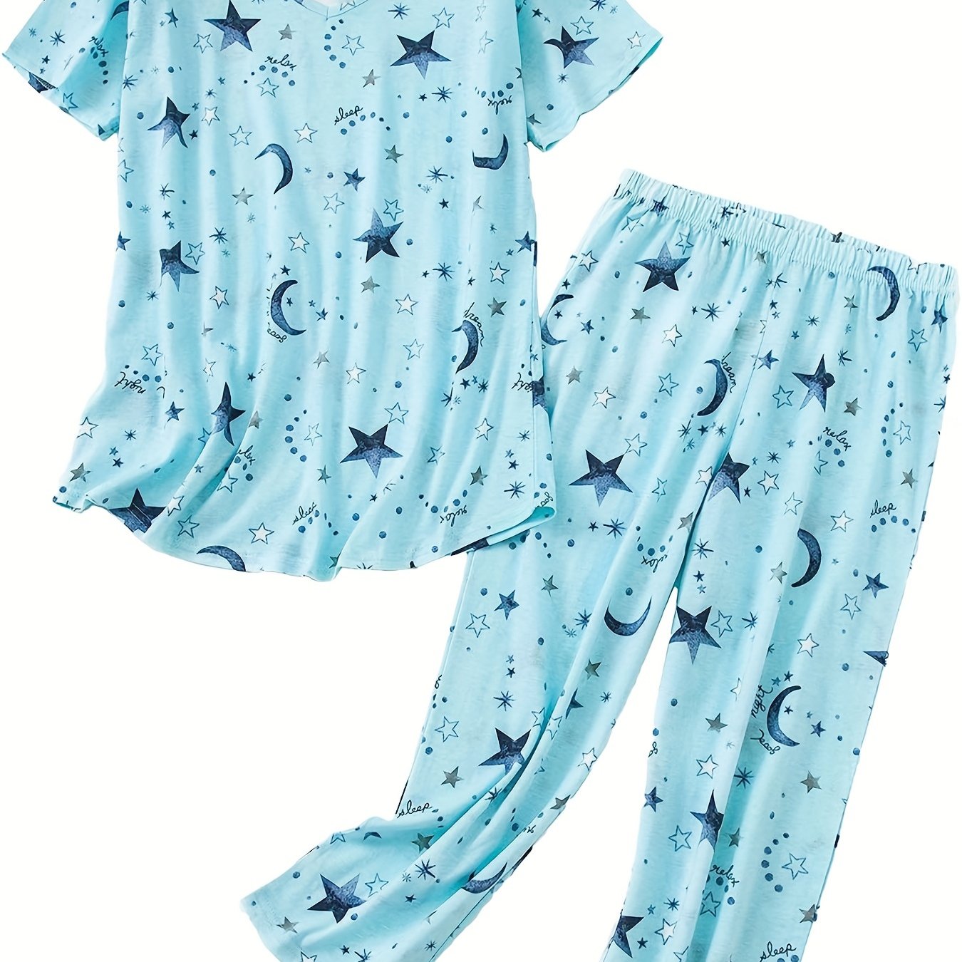 Star Print Pajama Set Short Sleeve Crew Neck Top & Pants Women's Sleepwear