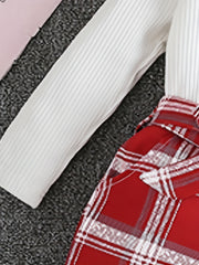 Girl's Ribbed Turtleneck Top & Plaid Belted Pants Set