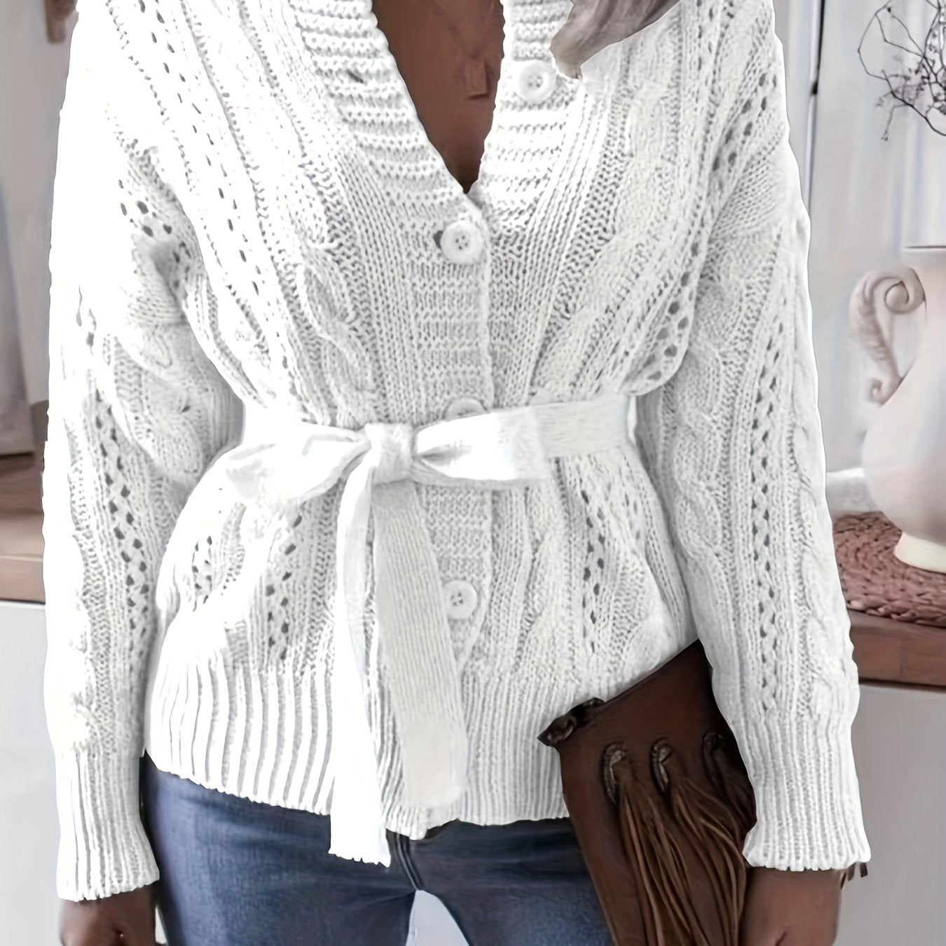 Solid Cable Long Sleeve Button Up Cardigan With Belt