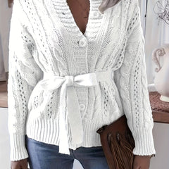 Solid Cable Long Sleeve Button Up Cardigan With Belt